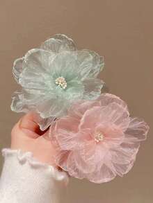 1pc Mesh Flower Hair Clip, Princess Side Hairpin, Woodland Style Hair Accessory For Girls, Spring Headpiece - Green - View 4