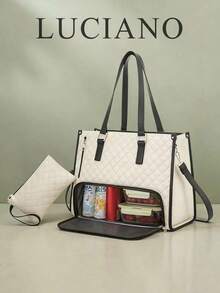 1pc Women's White Fashion Large Capacity Handbag, Classic Multi-Color Insulated Bag, Fits Laptop, Mommy Bag, Work Tote, Daily Gym Lunch Bag, Picnic Bag, Waterproof Insulated Crossbody Bag, Large Size - 白色 - 查看 1