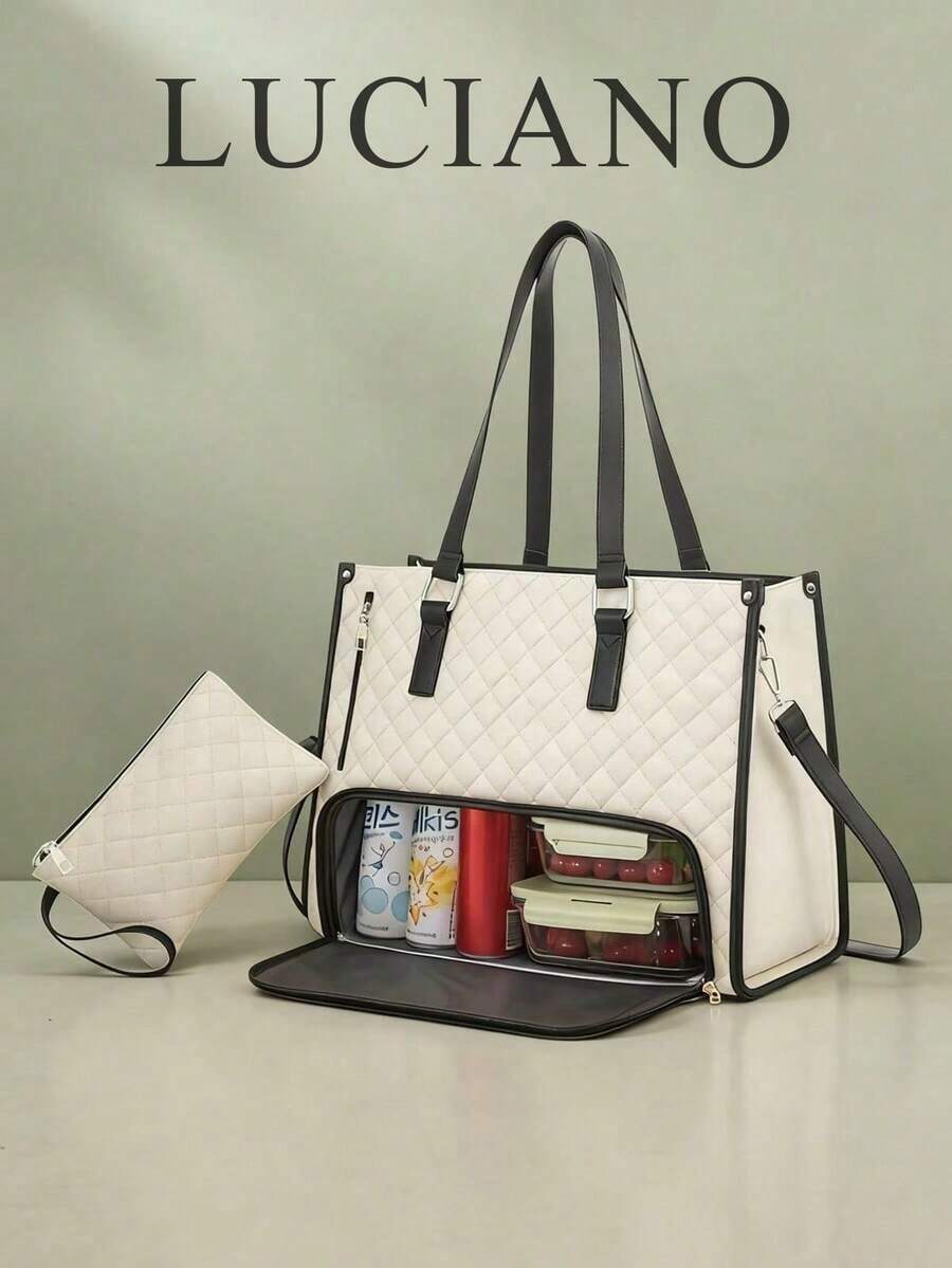 1pc Women's White Fashion Large Capacity Handbag, Classic Multi-Color Insulated Bag, Fits Laptop, Mommy Bag, Work Tote, Daily Gym Lunch Bag, Picnic Bag, Waterproof Insulated Crossbody Bag, Large Size - 白色 - 查看 1