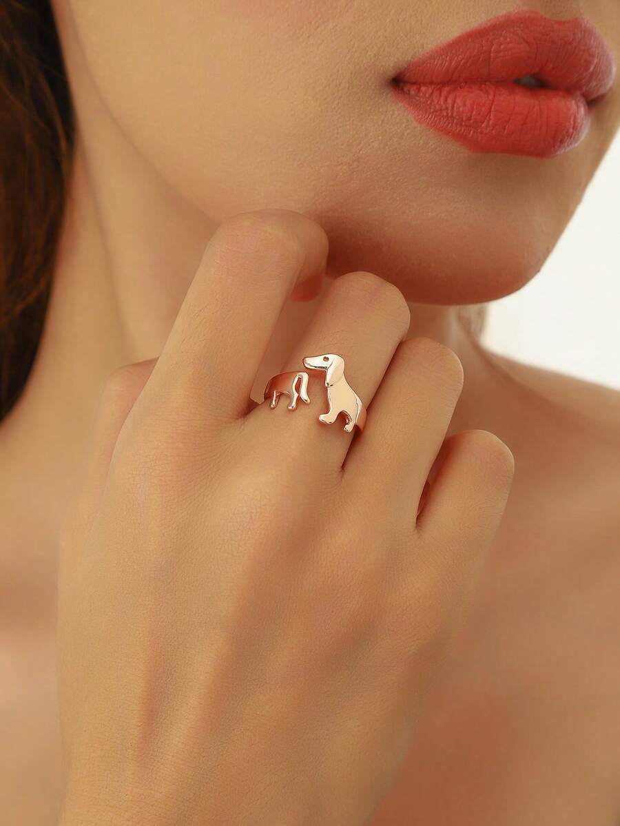 1 pieza Anillo abierto personalizado con diseño minimalista y elegante de perro salchicha, adecuado para uso diario de mujeres - Oro rosa - Ver 1