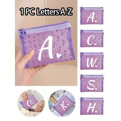 1pc Personalized Purple Love Heart Mesh Zipper Pouch, Letters A-Z Initial Makeup Bag, Cute Portable Travel Cosmetic & Toiletry Organizer, Multi-Use Storage Bag For Women, Beach Bag, Skincare Bag, Personalized Mesh Gift Bag For Teens Girls Women, Small Coin Purse,Card Holder Pouch, School Stationery Organizer, Summer/Travel/Dorm/Back To School Essential, Suitable For Work, School, Travel, Vacation, Ideal Gift For Friends, Students, Teachers, Mom, Thanksgiving