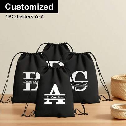 Personalized Black A-Z Letter Printed Drawstring Bag, Drawstring Backpack Sports Backpack Women's Drawstring Shoe Bag Travel Storage Bag, Customized Name Fitness Bag Lightweight Drawstring Bag Travel Bag Cloth Bag Outdoor Dustproof Storage Bag Sports Storage Bag Student Sports Backpack Back Printed Strap Bag