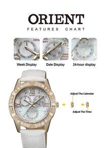 Orient FUT0B006W0 女士奢华石英腕表，玫瑰金矩形和圆形水晶表圈，白色鳄鱼皮表带，珍珠母贝表盘，日期显示，24 小时制，是婚礼、庆典、派对、豪华宴会的理想礼物。 - 白色 - 查看 7