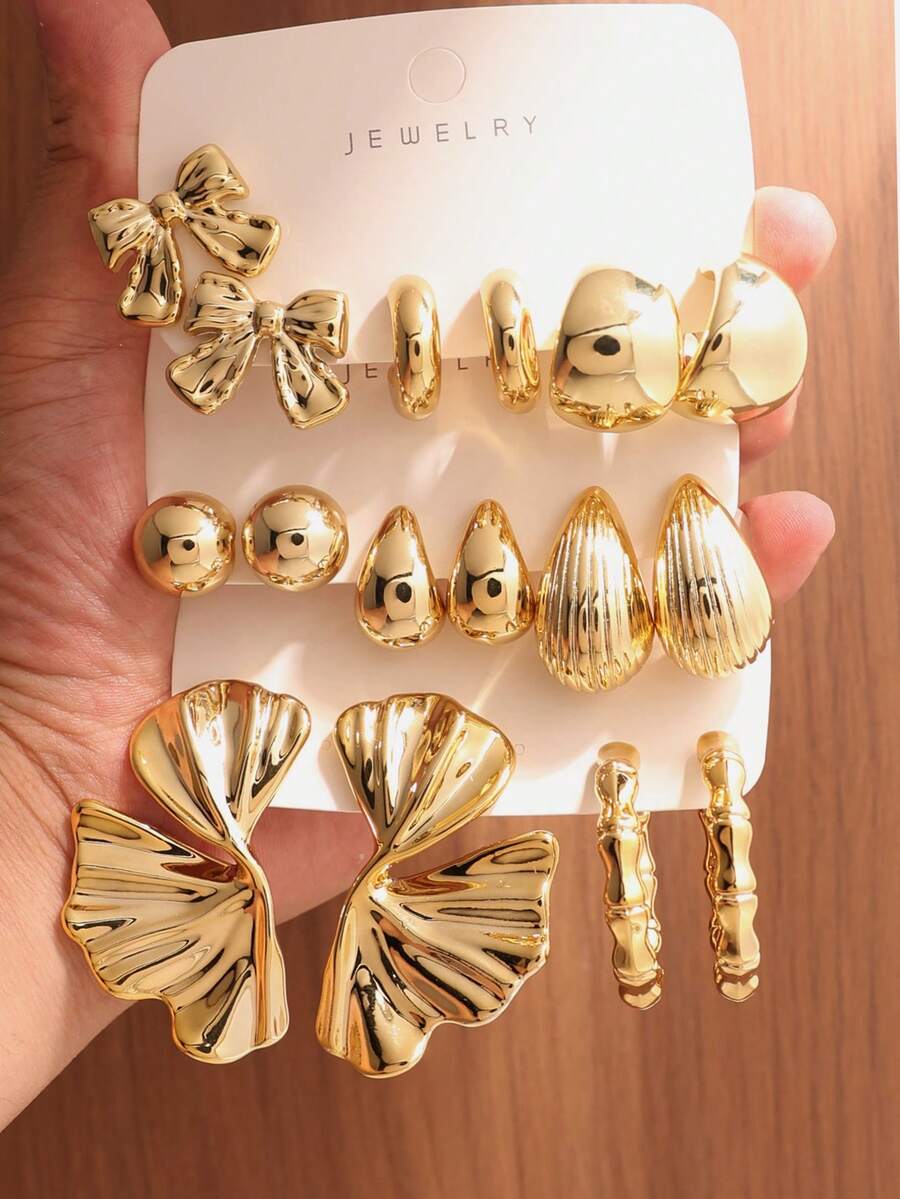4/6/16 piezas Juego de aretes de moda con tono dorado para mujeres, incluye flores para la oreja izquierda y derecha, flores de cinco pétalos, diseños de gota de agua en forma de C pequeña, elegante y estiloso, adecuado para uso diario, reuniones, fiestas. Gran regalo para novias, madres - Dorado - Ver 1