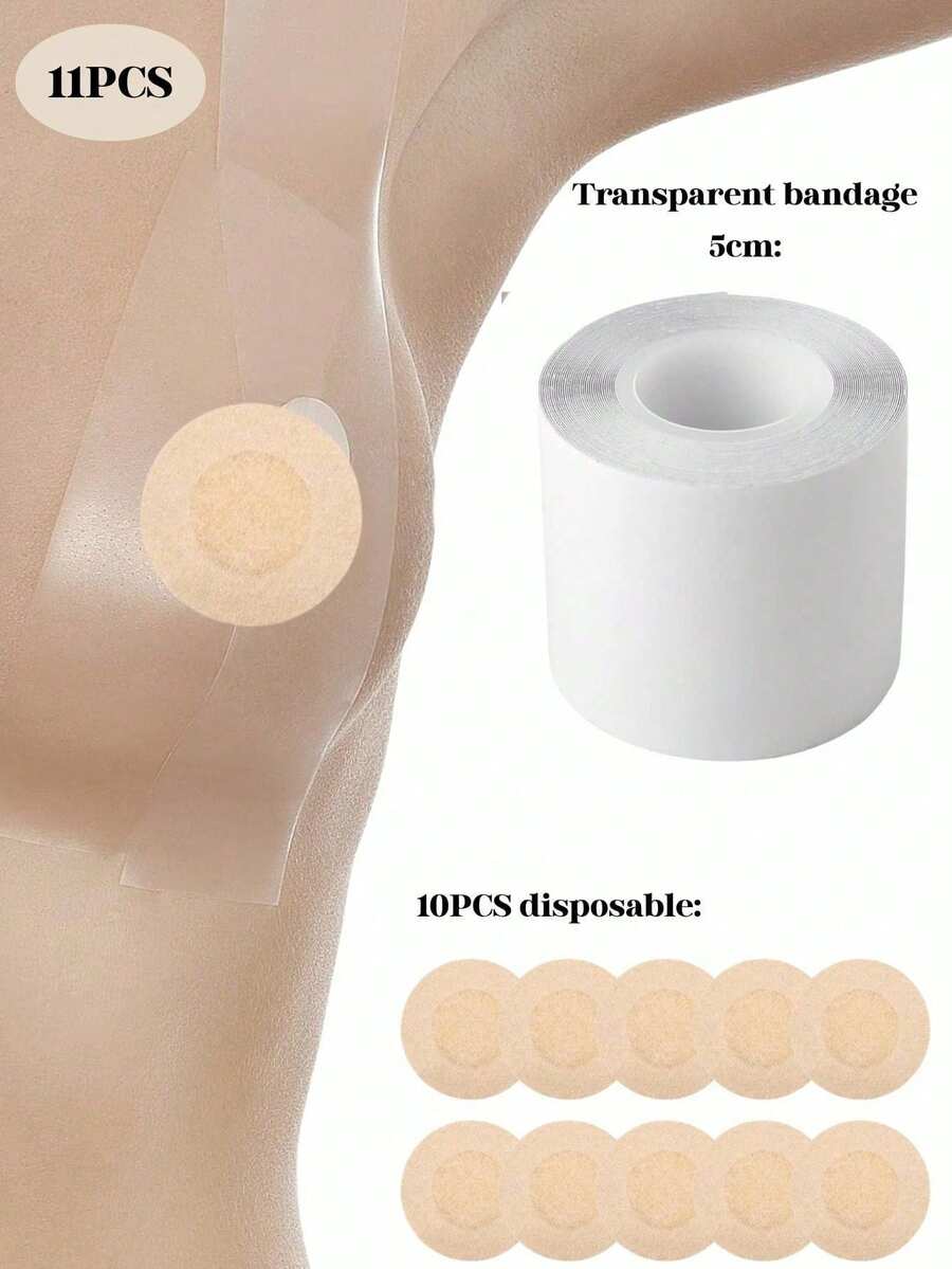 Bộ 11 miếng băng nâng ngực, băng ngực vô hình rộng 5cm kèm 10 miếng che đầu núm vú dùng một lần, băng dính chống thấm nước dùng cho váy hở lưng, váy cưới và đồ bơi. - Trong sáng - Xem 1