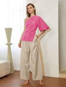 Summer Fashion Solid Color Side Slit One Shoulder Blouse Pink - Pink - View 7