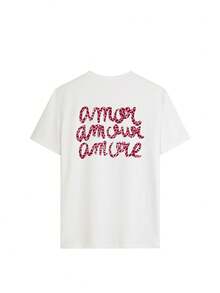 Lightweight, Comfortable, Soft Short Sleeve T-Shirt, Fitted, Street Style Pinterest "Amor Amour Amore" Leopard Print Pattern On Back, White European Summer Top Casual - White - View 3