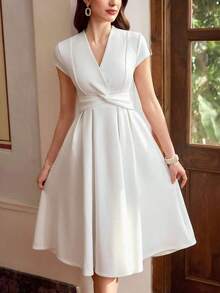 Vintage Elegant Women's Dress Twist Knot V-Neck Casual Work Holiday Party Long Dress Summer Dresses For Women Summer Holiday Outfits Spring Outfit Women Spring Dress Women Spring Clothing Spring Break Outfits Valentine's Day Dress Valentine Outfits For Women Valentine Dress Elegant Dresses For Party Elegant Party Dresses For Women Wedding Guest Dress For Women Wedding Party Dress Elegant Dresses For Women White Elegant Dress Tea Length Dress White Wedding Guest Dress Solid Color Dress White Dress For Valentine's Day Spring White Dress For Women Spring/Summer Fitted Mini Cap Sleeve Twist Hem Dress, - 白色 - 查看 5