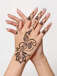 Pochoir de tatouage floral creux dessiné à la main Hana - Motif floral sexy, convient pour les mains, la peinture DIY, l'encre, le modèle de mandala réutilisable, convient pour le maquillage du corps des femmes - Noir - Voir 2