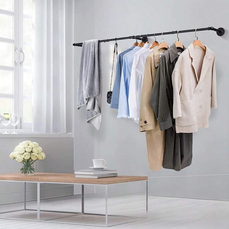 Thanh treo quần áo kiểu công nghiệp chịu lực cao, gắn tường kèm móc, giá treo quần áo bằng kim loại chống gỉ, thích hợp cho tủ quần áo, lối vào, phòng ngủ, có thể treo áo khoác, mũ, túi xách, thích hợp để treo cây cảnh ban công, dụng cụ làm vườn, khăn tắm, dụng cụ nhà bếp, tay vịn cầu thang, lan can sắt thẳng. - màu đen - Xem 3