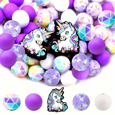 25/32/55 Peças Conjunto de Contas de Silicone Arco-íris Unicórnio, Contas Soltas Rosa, Roxo, Azul para DIY Colar, Pulseira, Decoração, Caneta, Joia Pingente, Presente de Feriado e Aniversário