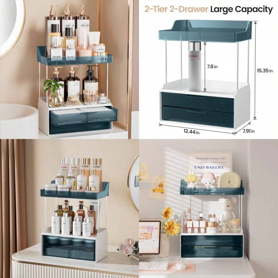 Delamu Organizador de Maquillaje 2 Niveles y 2 Cajones Organizador de Baño para Encimera Fácil de Instalar Ideal para Mostrador de Baño Tocador Ideal para Mujeres y Niñas - Azul - Ver 1