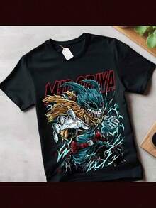 Tween Girls'Printed Short Sleeve T-Shirt Deku T-Shirt All Might Boku No Hero Academia Katsuki Midoriya Shoto Dabi Shirt,Short Sleeved Single-Sided Printed T-Shirt,Pullover Style Shirt,Retro Hip-Hop Style,Street Style,Machine Washable,180g Heavy Cotton,Spring Summer Top, Relaxed Fit Tee, Heart & Slogan Bodybuilding Top Boyfriend Style Casual Wear - 黑色 - 查看 1