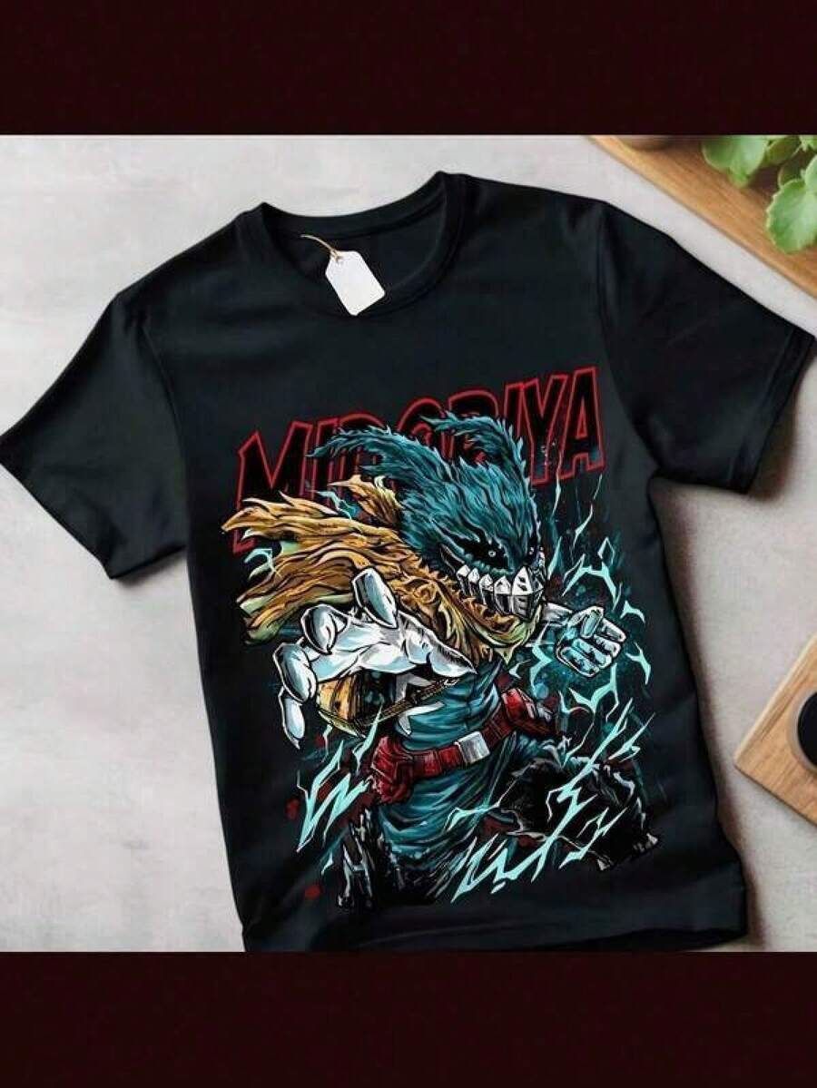 Tween Girls'Printed Short Sleeve T-Shirt Deku T-Shirt All Might Boku No Hero Academia Katsuki Midoriya Shoto Dabi Shirt,Short Sleeved Single-Sided Printed T-Shirt,Pullover Style Shirt,Retro Hip-Hop Style,Street Style,Machine Washable,180g Heavy Cotton,Spring Summer Top, Relaxed Fit Tee, Heart & Slogan Bodybuilding Top Boyfriend Style Casual Wear - 黑色 - 查看 1