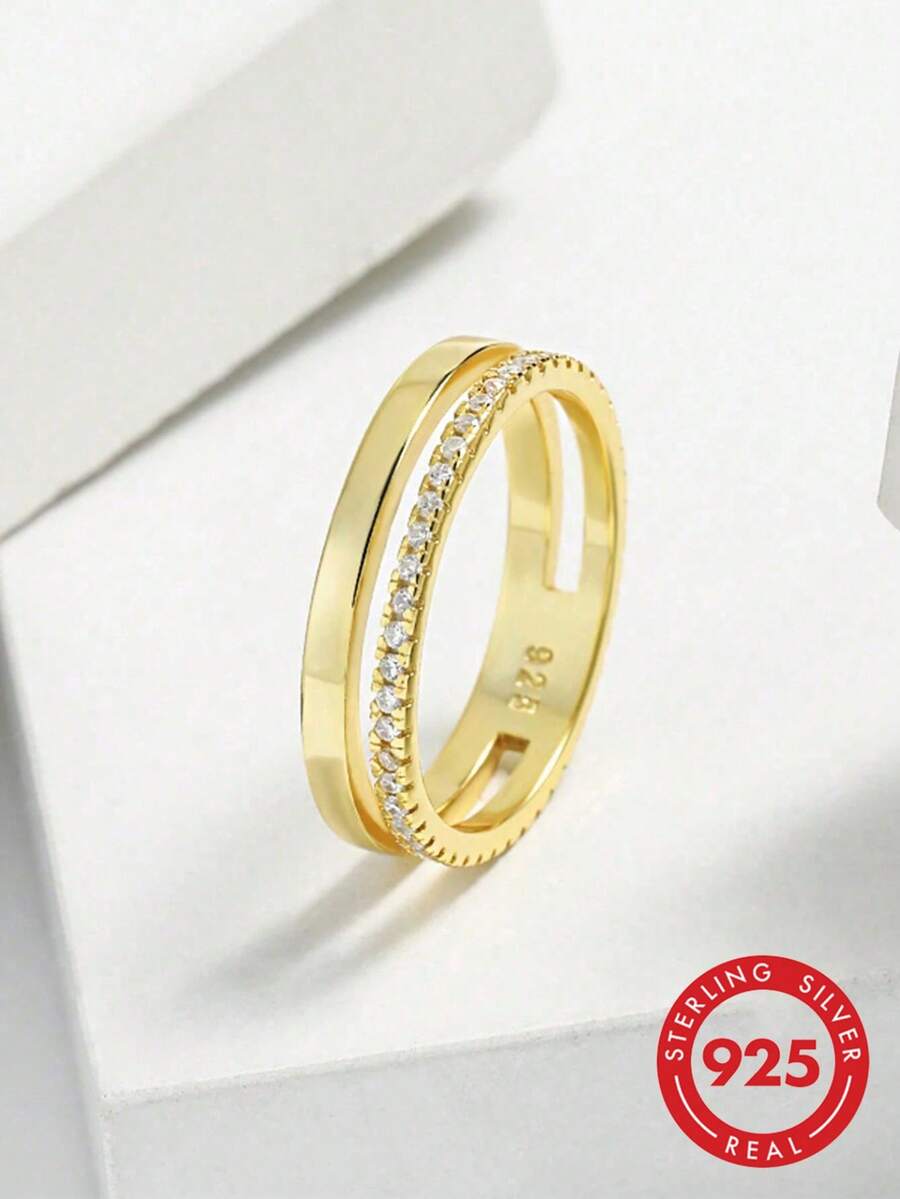 1 pièce Bague vintage minimaliste de luxe en argent sterling 925 plaqué or 14 carats à double couche, convient pour le port quotidien des femmes, peut également être utilisée comme bijou de fête ou cadeau - anneau creux - Voir 1