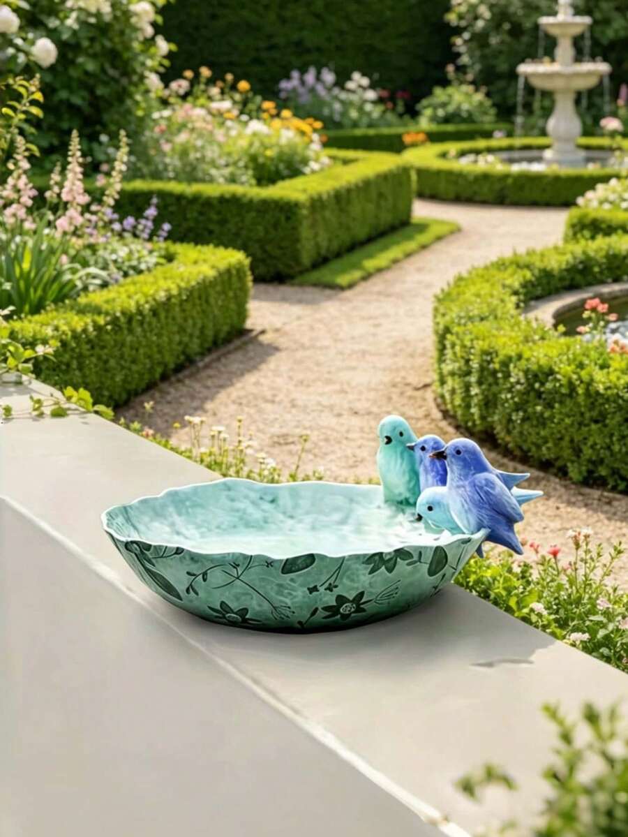 1 bộ chậu tắm chim dễ thương kèm 4 tượng chim, máng ăn và bát nước bằng nhựa, đồ trang trí sân vườn ngoài trời, thích hợp làm quà tặng cho người yêu thích ngắm chim. - A - Xem 1