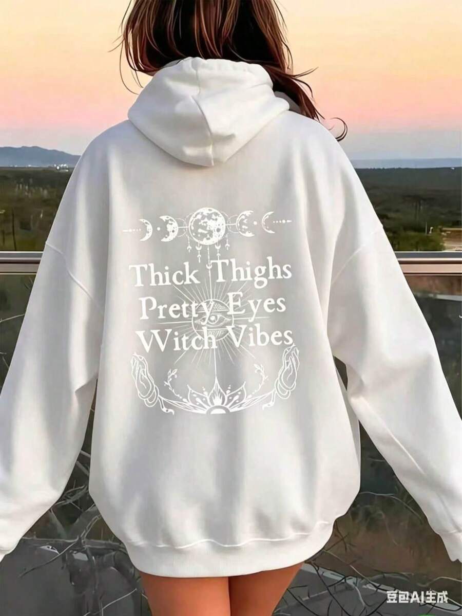 Women's Witchcraft Moon Phase And "Thick Legs Beautiful Eyes Witch Style" Pattern Hoodie - Gothic Font, Crescent Moon Print, Casual Pullover, Suitable - 白色 - 查看 1