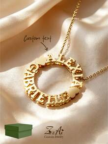 1pc 18K Gold Plated Stainless Steel Double-Layer Round Double Heart Customized Text/Name Necklace, Comes With Luxury Gift Box, Suitable For Gifting To Friends, Family, Relatives, Lovers, Couples, Holiday Gifts (Letters Will Be Converted To Uppercase) - Gold - Style 1 - View 1