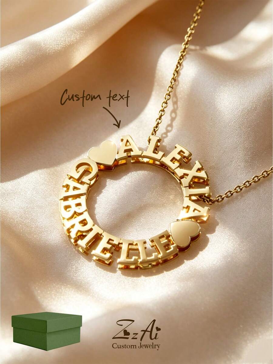 1pc 18K Gold Plated Stainless Steel Double-Layer Round Double Heart Customized Text/Name Necklace, Comes With Luxury Gift Box, Suitable For Gifting To Friends, Family, Relatives, Lovers, Couples, Holiday Gifts (Letters Will Be Converted To Uppercase) - Gold - Style 1 - View 1