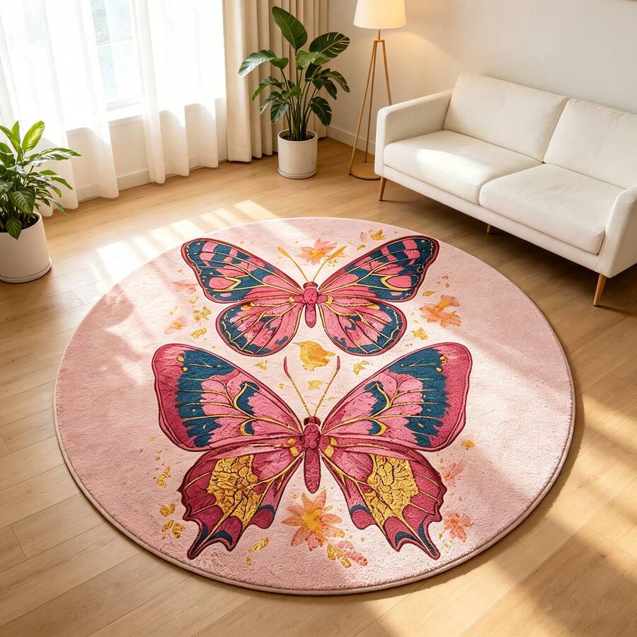 1pc Pink Butterfly Heart Pattern Round Carpet, Cute Girly Style, Suitable For Celebrations, Exhibitions, Openings, Indoor & Outdoor Decor, Multi-Scene Carpet/Mat, Decorative Carpet, Bedroom Decor, Small Rug, Carpet, Home Decor