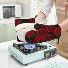 Juego de 4 manoplas de horno y soportes para ollas de color y guantes de silicona resistentes al calor para horno y agarraderas almohadillas para orejas calientes para cocina hornear - Rojo Negro Rosa Flor - Ver 6