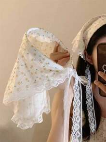 1pc Countryside Floral Headband/Headscarf Combo, Lace Head Wrap, Summer Beach French Style,Hairband,Hair Hoop Headbands Hair Accessories Head Accessories - 藍色 - 查看 4