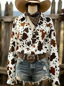 Women's Casual Spring/Summer Vacation Shirt: Loose Western Tie Ruffle Design, Long Sleeve, Denim Effect Buttons White - White - View 1