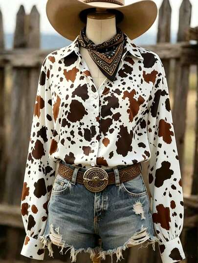 Camisa casual de mujer para primavera/verano: Diseño de volantes con lazo suelto al estilo occidental, manga larga, botones con estampado de mezclilla blanca
