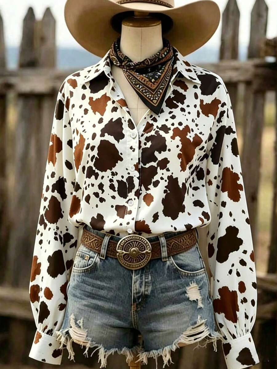 Women's Casual Spring/Summer Vacation Shirt: Loose Western Tie Ruffle Design, Long Sleeve, Denim Effect Buttons White - White - View 1