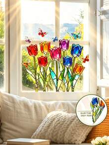 1pc Cartoon Colorful Stained Glass Tulip & Butterfly Window Sticker, Balcony Glass Window Decor - Tulip Butterfly Window Stickers - View 2