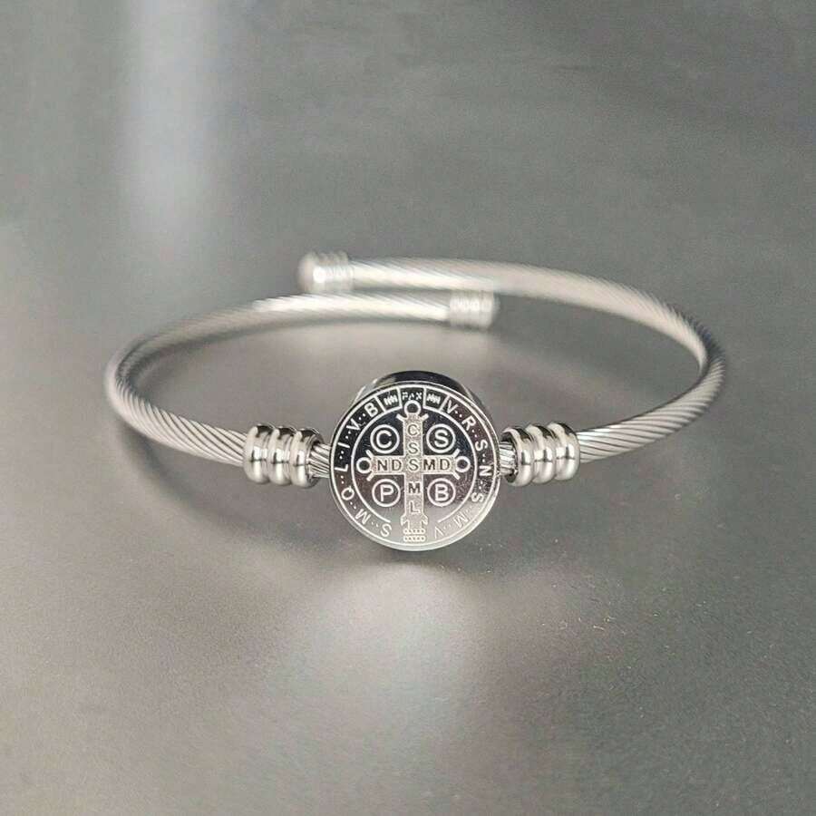 Luxury St. Benedict Adjustable Bracelet With 316L Stainless Steel Cable - Silver - View 1