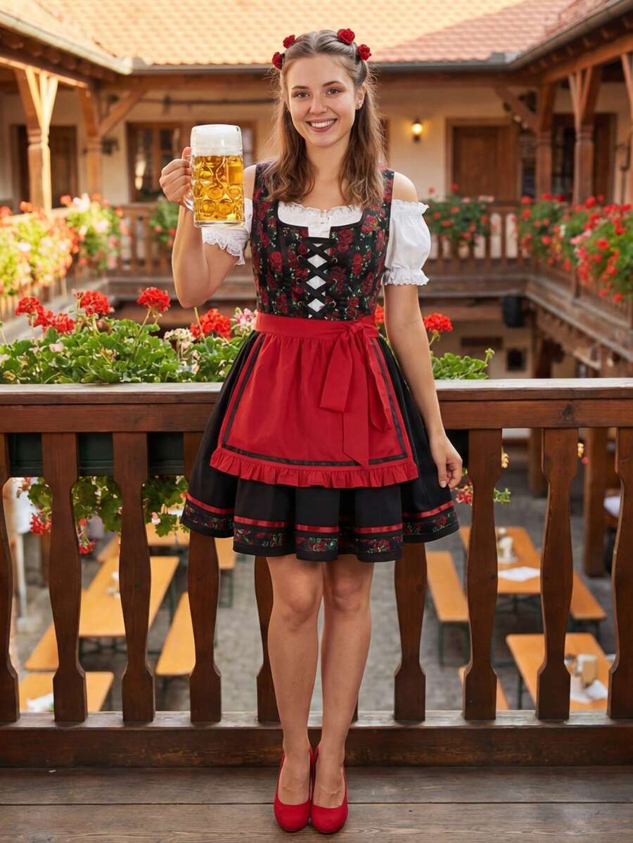 Women Oktoberfest German Dirndl Dress Traditional Bavarian Dirndl Oktoberfest Outfits - Red - View 1