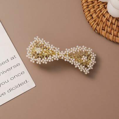 1 Stück Premium Federklemme mit Blumen-Perlen-Schleife Haarclip, elegante Haarspange für Frauen, Klammern