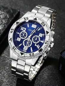 4 piezas Elegante Reloj de Hombre y Juego de Pulsera, Caja Plateada Esfera Azul Blanca Correa de Acero, Pulsera Versátil de Eslabones Cubanos, Ideal para Uso Diario y de Negocios - Plateado - Ver 9