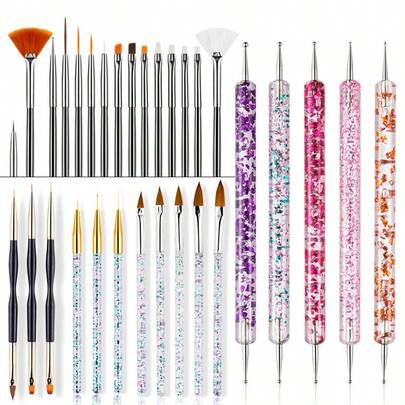 15/31Pcs Nail Art Brush Set Complete Tool Kit Nail Dotting Tool Nail Polish Painting Brush Flower Line Leaf Painting Nail Pen Nail Art Design Tool Set
