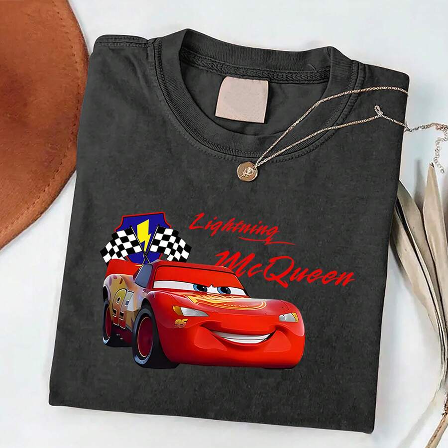 Disney Cars Lightning McQueen Champion Vintage Washed Black Oversized Cotton T-Shirt, Retro Sporty Loose Fit Tee For Kids & Adults, Perfect For Disney Fans, Daily Wear & Gift - 黑色 - 查看 1