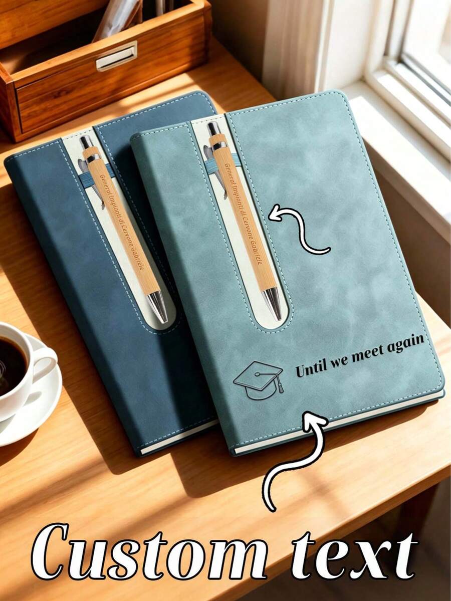 Customize 1 Set Of Retro A5 Leather Notebook Set, Including A Notebook And Bamboo Pen, With Personalized Soft Cover And Bookmark - Study Supplies, Classic PU Leather Notebook With Customized Soft Cover And Bookmark - Ideal For Business Meetings, School Supplies, Back-To-School Essentials, Perfect For Business Meetings And University Life, Backpack Must-Have, Back-To-School Planner, Graduation Gift Option. - Multicolor - View 1