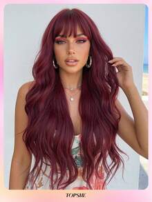 Peluca larga ondulada de 28 pulgadas de color vino tinto con flequillo, fibra sintética suave y resistente al calor adecuada para cosplay, fiestas y uso diario - Burdeos - Ver 3