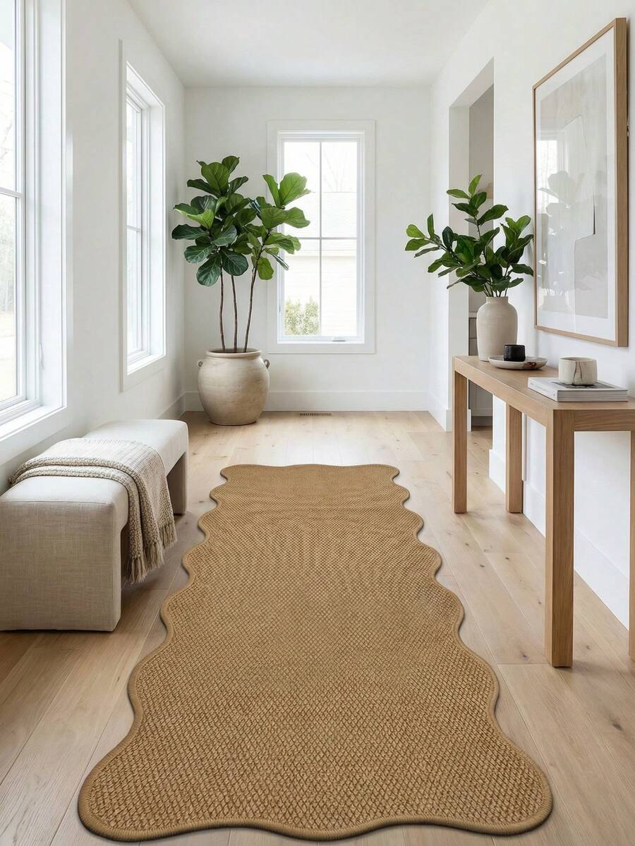 1pc Brown Faux Jute Material Wavy Edge Hallway Runner Rug, Pet-Friendly, Scratch-Resistant, Durable, Classic Fashion, Suitable For Living Room, Entryway, Laundry Room, Hallway, Bedroom, Kitchen, Dining Room, Indoor All-Season Stylish Home Decor Mat, Washable Non-Slip, Suitable For Home Use As Hallway Rug, Bedroom Rug, Kitchen Rug, Bedside Rug, Home Decor, Kitchen Decor. - Brown - View 1