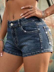 Pantalones cortos vaqueros de pierna recta casuales para mujer alta, con decoración de botones, diseño de moda - Azul lavado oscuro - Ver 2