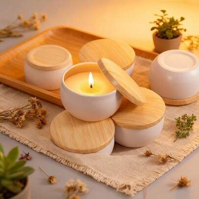 47件套白色哑光蜡烛制作套装。2.5盎司圆形空蜡烛罐，配木纹盖。迷你多用途储物罐。适用于DIY手工蜡烛、珠宝收纳、糖果茶叶盒、家居装饰。包含6个罐子和41个蜡烛制作工具。