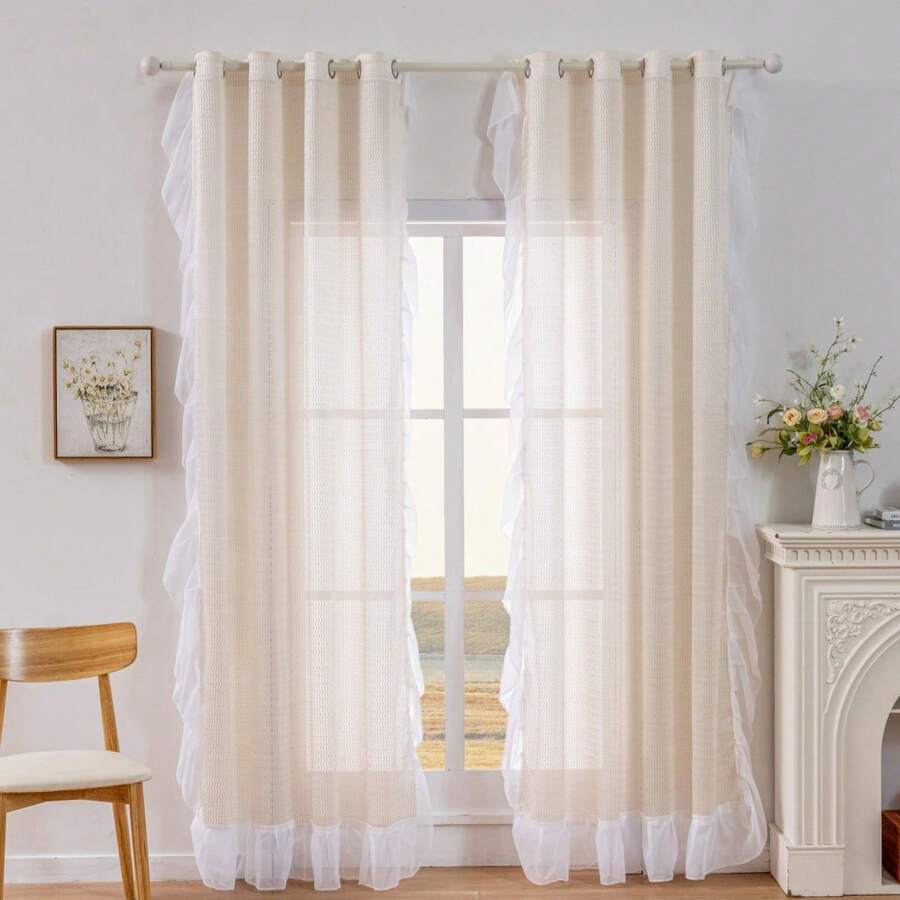 1pc Vintage-Style Wavy Textured Sheer Curtain Panel With 3-Side Ruffle Trim, Suitable For Home Living Room, Bedroom And Balcony Windows, Home Decor, Grommet Top, Easy Installation - Beige - View 1