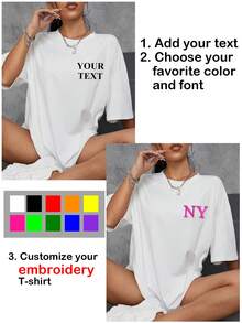 Camiseta Bordada Personalizable para Mujer - Añade tu Texto, Elige la Fuente y el Color. Diseña tu Propia Camiseta Bordada Personalizada para Deportes - Blanco - Ver 2