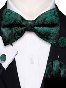 Elegant Fresh Dark Green Tropical Pattern Bow Tie Handkerchief Cufflinks Flower Pin 4Pcs Men Accessory Set - Dark Green - View 1