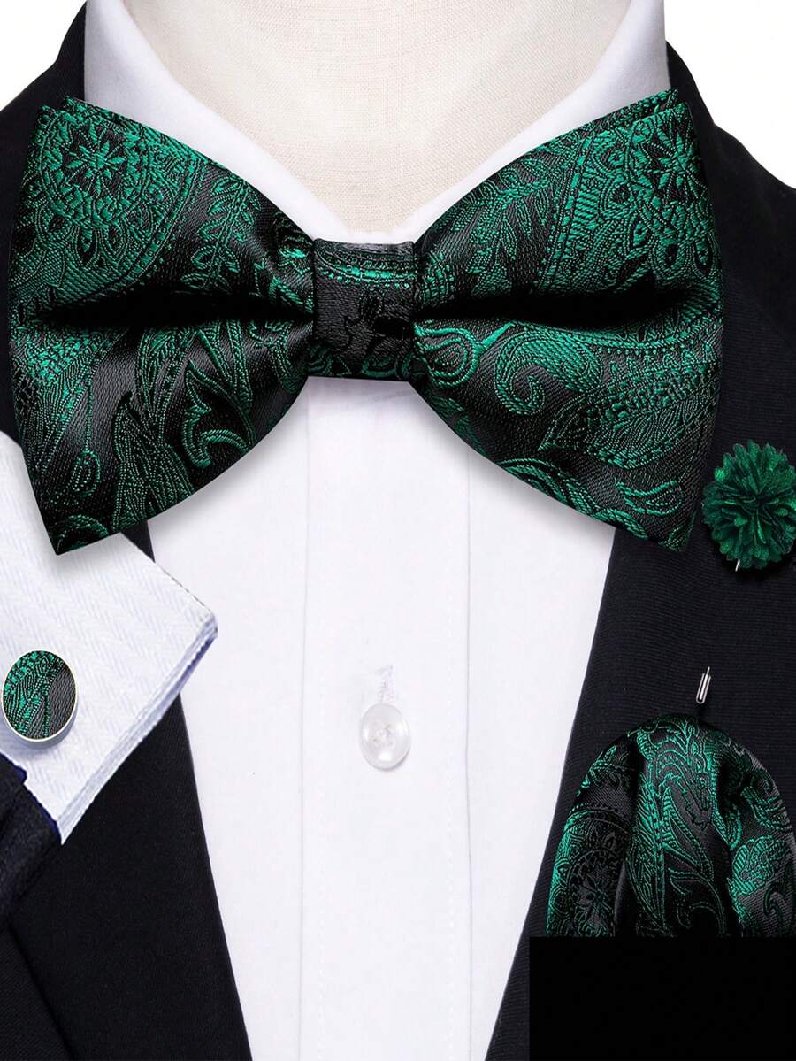 Elegant Fresh Dark Green Tropical Pattern Bow Tie Handkerchief Cufflinks Flower Pin 4Pcs Men Accessory Set - Dark Green - View 1