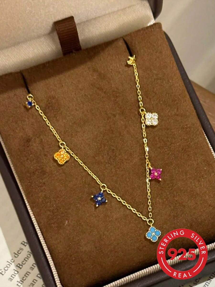 1 pieza Collar de trébol de cuatro hojas de plata pura con diamantes de colores, adecuado para el uso diario de las mujeres y la combinación de accesorios - Flor de cuatro hojas con forma de diamante de colores - Ver 1