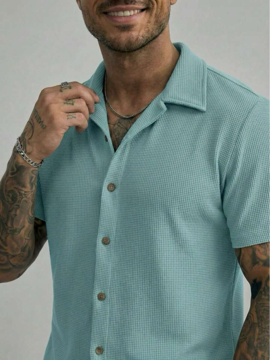 Men's Waffle Shirt For Casual Summer Wear - 冰 - 查看 1