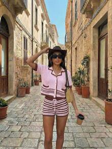 Women's Spring/Summer Pink & Brown Plaid Knit 2-Piece Set, Includes Short Sleeve Cardigan And High-Waisted Shorts. Pink Plaid And Brown Stripe Pattern Design With Hollow-Out Elements. Suitable For Beach, Vacation, Bohemian And Sexy Occasions - Pink - View 2