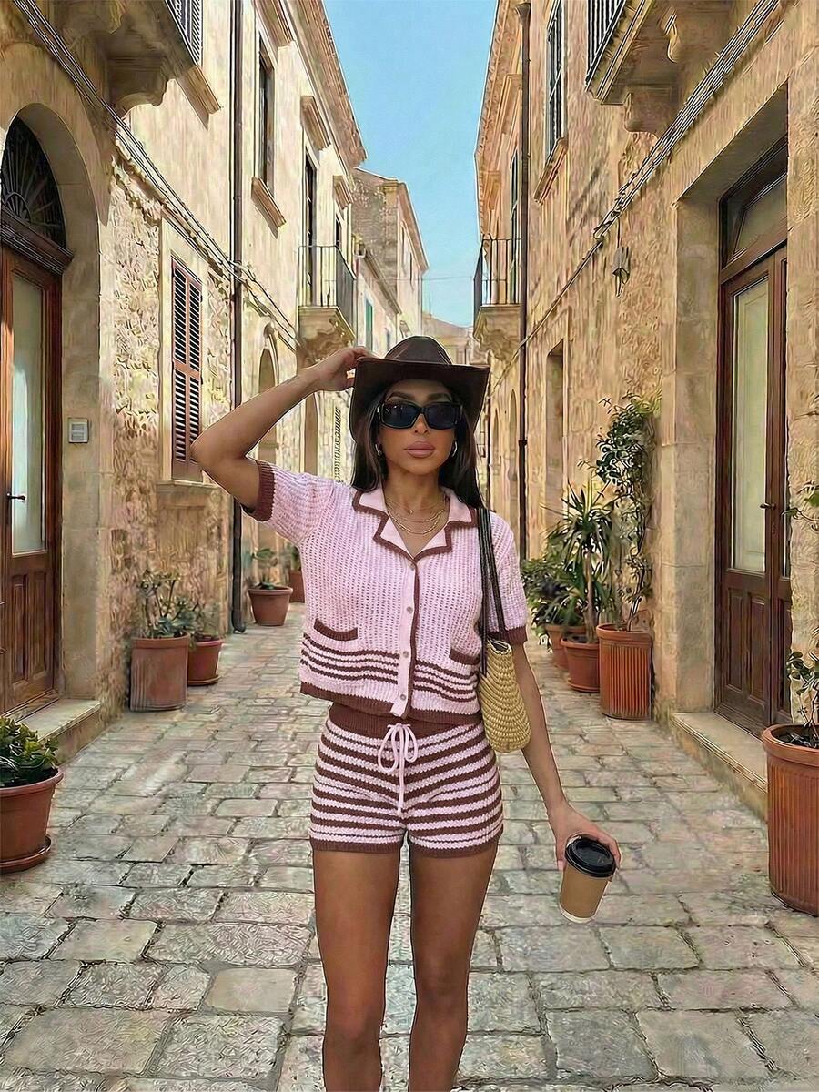 Women's Spring/Summer Pink & Brown Plaid Knit 2-Piece Set, Includes Short Sleeve Cardigan And High-Waisted Shorts. Pink Plaid And Brown Stripe Pattern Design With Hollow-Out Elements. Suitable For Beach, Vacation, Bohemian And Sexy Occasions