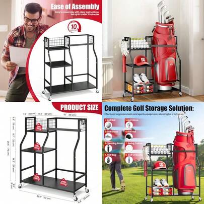 Mejor -Organizador de bolsa de golf, soporte de almacenamiento de palos de golf con ruedas, soporte de bolsa de golf de metal resistente para el hogar, garaje y exterior, incluye 4 secciones de almacenamiento y ganchos desmontables